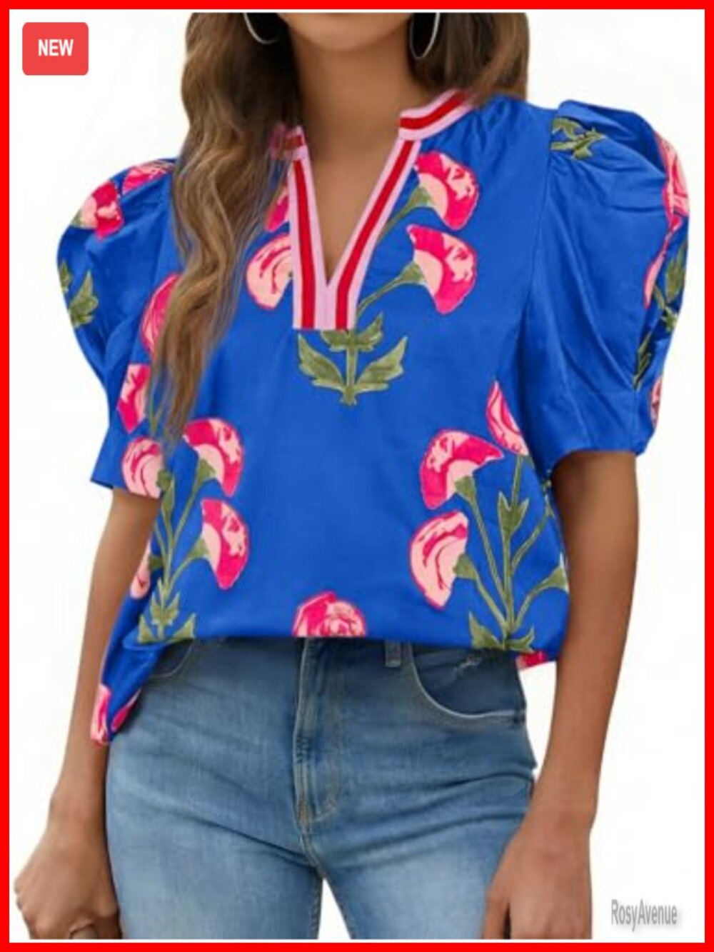 Puff Sleeve Floral Blouse Women Boho Casual Dressy V-Neck Top